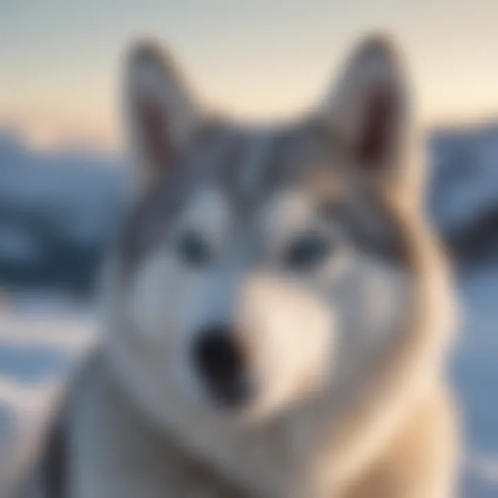 A majestic husky dog with striking blue eyes against a snowy backdrop