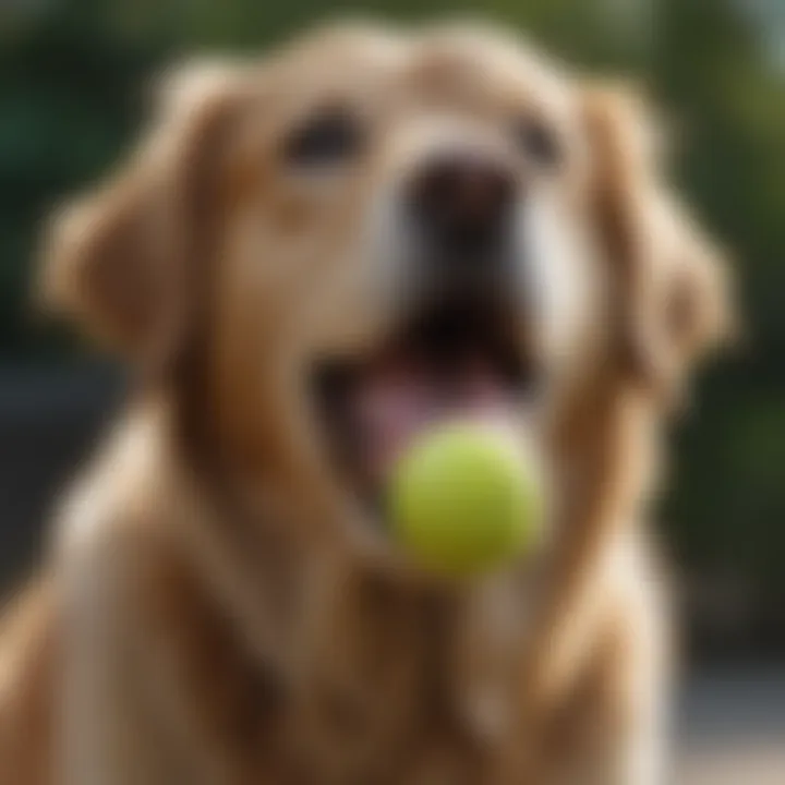 A playful golden retriever with a tennis ball in its mouth