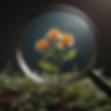 A magnifying glass focusing on a sprouting plant, metaphor for growth in transitions