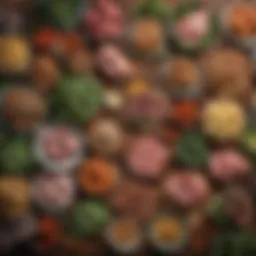 An assortment of low carb foods including leafy greens, meats, and nuts