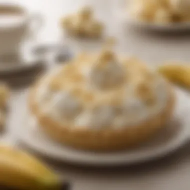 Artful Presentation of Banana Cream Pie An elegant presentation of banana cream pie garnished with whipped cream and banana slices.