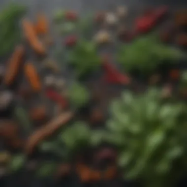 A close-up of fresh herbs and spices