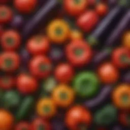 A vibrant display of various nightshade vegetables including tomatoes, eggplants, and bell peppers.