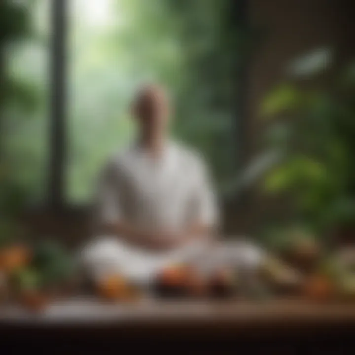 A peaceful meditation setting with plant-based foods in focus