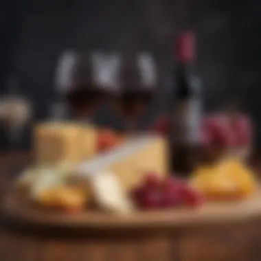 Non-alcoholic red wine paired with gourmet cheese and fruits on stylish wooden board