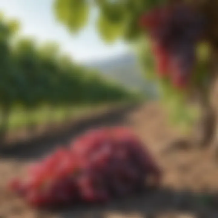 Vineyard landscape with ripe red grapes ready for non-alcoholic wine production