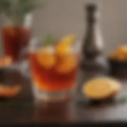 A beautifully crafted glass of spiked tea garnished with herbs and citrus