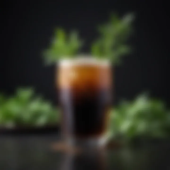 A vibrant Guinness cocktail garnished with fresh herbs