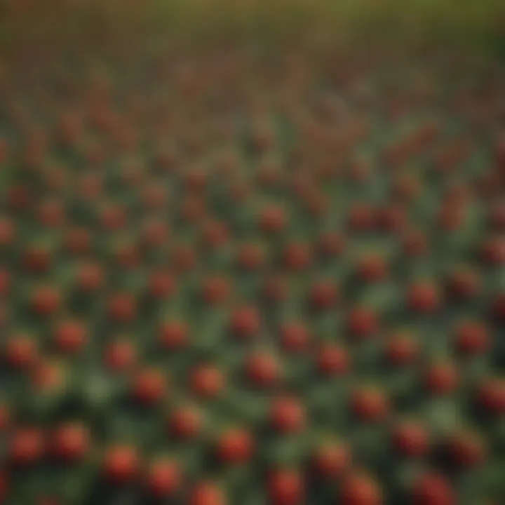 An aerial view of a strawberry field, illustrating sustainable farming practices and the lush greenery surrounding the plants.