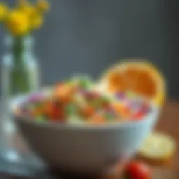 A vibrant bowl of summer slaw featuring an array of colorful vegetables.