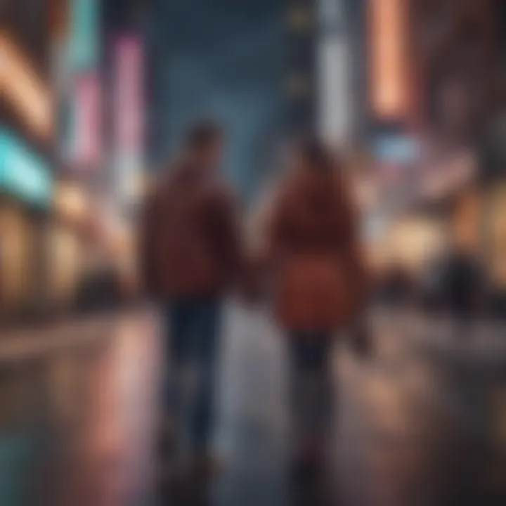 A vibrant cityscape in the background as a couple strolls hand in hand, symbolizing modern dating.