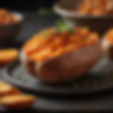 Gourmet Sweet Potato Presentation An artistic arrangement of a sweet potato dish elegantly plated, emphasizing its gourmet potential.