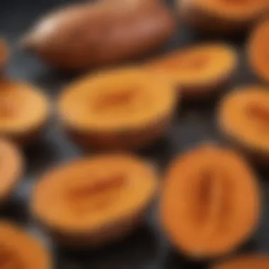 The Rich Texture of Sweet Potatoes A close-up of a sliced sweet potato revealing its rich texture and color, highlighting its culinary appeal.