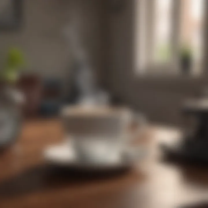 A steaming cup of coffee on a table with a clock in the background, symbolizing the concept of time in intermittent fasting.