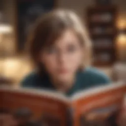A vibrant illustration of a young reader immersed in a James Patterson novel