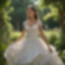 A stunning Marchesa white dress displayed in a serene garden setting