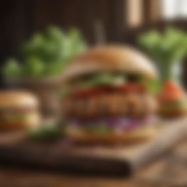 An array of turkey veggie burger variations displayed on a rustic wooden table.