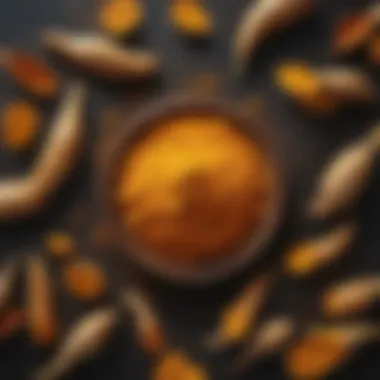 An artistic arrangement of turmeric in various forms, including powder and fresh roots