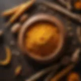 Golden turmeric powder in a wooden bowl surrounded by fresh turmeric roots