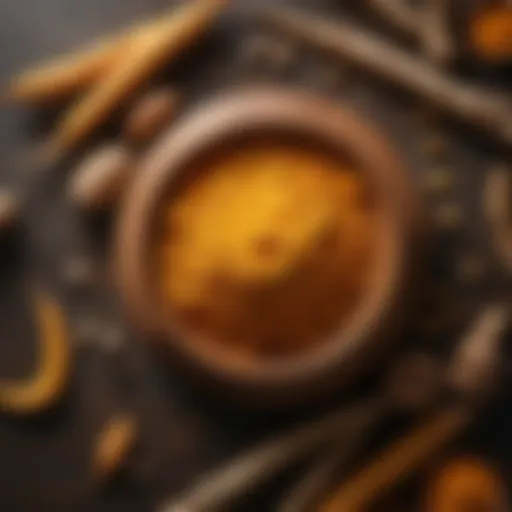 Golden turmeric powder in a wooden bowl surrounded by fresh turmeric roots
