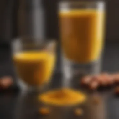 Turmeric Capsules and Golden Milk A close-up of turmeric capsules alongside a glass of golden milk
