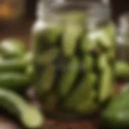 A close-up of vibrant green full sour pickles in a jar with spices.