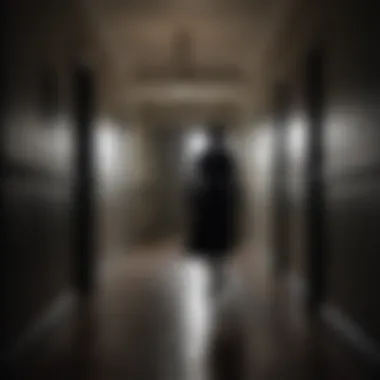 A shadowy figure appearing in a darkened hallway