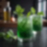 Glass of vibrant green cocktail garnished with fresh mint