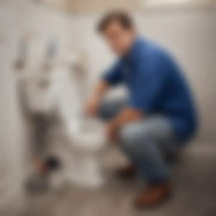 Plumber fixing a clogged toilet