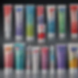 A variety of fluoride toothpaste tubes showcasing different brands and formulations