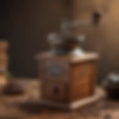 Aromatic coffee beans in a rustic wooden grinder