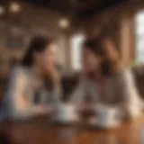 Two mothers chatting in a cozy cafe