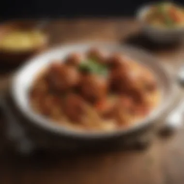 A beautifully plated dish of meatball ragu with garnishes and sides.