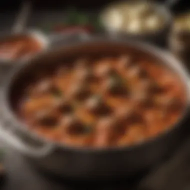 Simmering Pot of Meatball Ragu A rich pot of simmering meatball ragu, with aromatic herbs and spices visible.