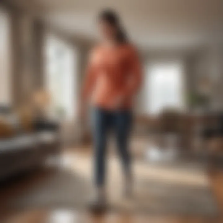 A person engaged in walking in place within a cozy living room setting