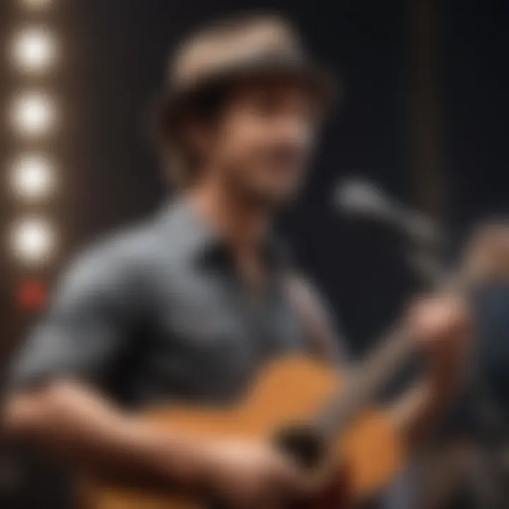 Jason Mraz strumming his guitar on stage