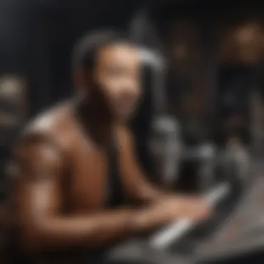 Close-up of John Legend in a recording studio, surrounded by collaborators and instruments.