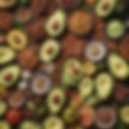 Colorful spread of keto-friendly foods including avocados and nuts