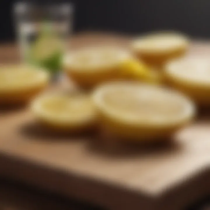 Fresh lemon slices on a wooden board