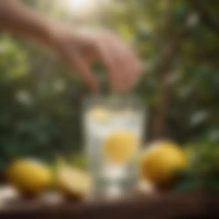 Hand holding a glass of lemon water against a backdrop of lemon tree