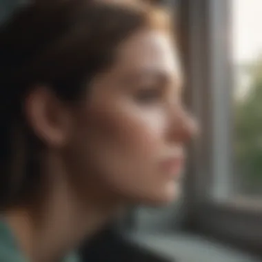 Contemplation and Intrusive Thoughts A thoughtful mother gazing out the window, reflecting on her thoughts.