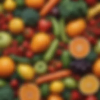 Fruits and Vegetables for Radiant Skin A vibrant assortment of fruits and vegetables known for their skin-enhancing properties