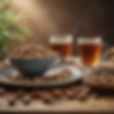 Mindful Eating for Anxiety Relief A serene setting with herbal tea and nuts symbolizing relaxation and mindfulness.