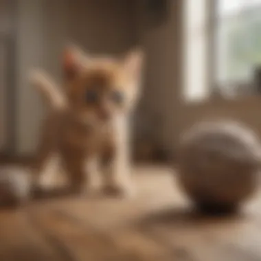 A playful kitten chasing a ball of yarn, showcasing a lively personality.