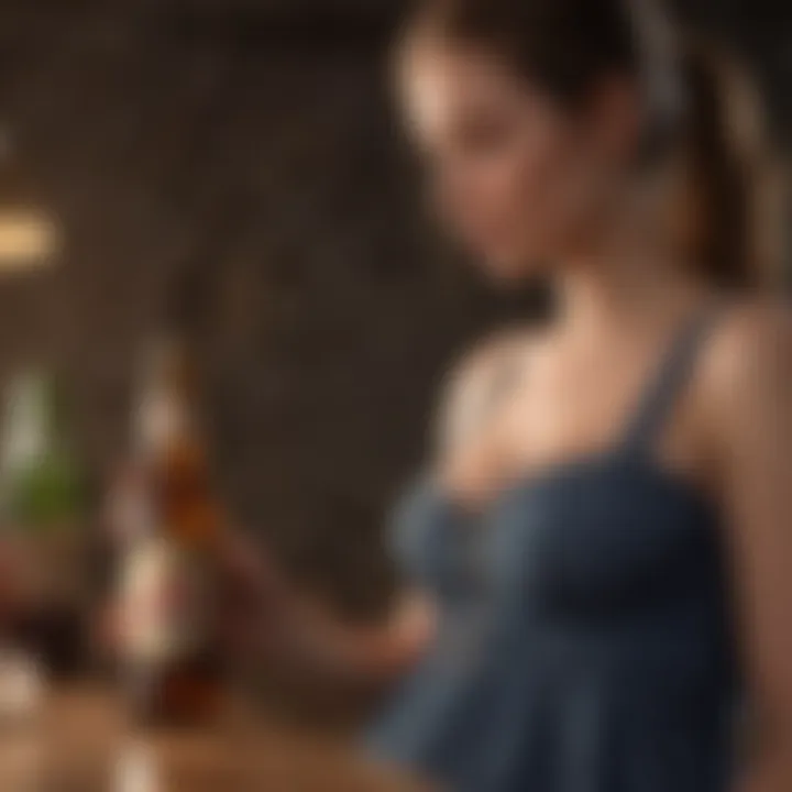 Pregnant woman examining non-alcoholic beer bottle