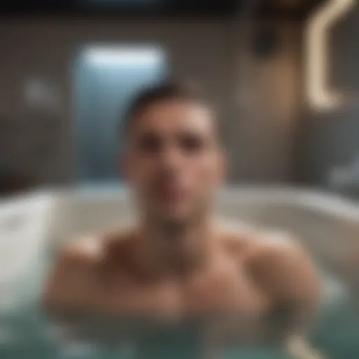 Professional athlete immersing in cold tub therapy