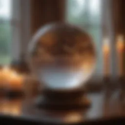 A mystical crystal ball on a table surrounded by candles.