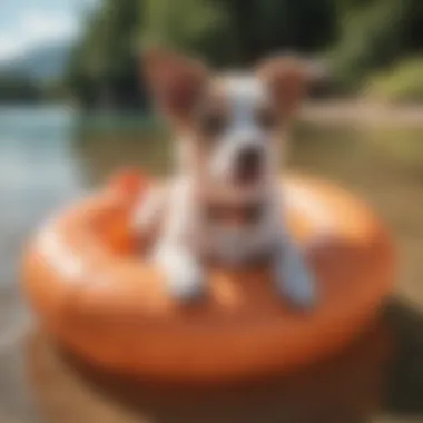 Puppy in Floatie Fun A playful puppy enjoying a sunny day with a floatie
