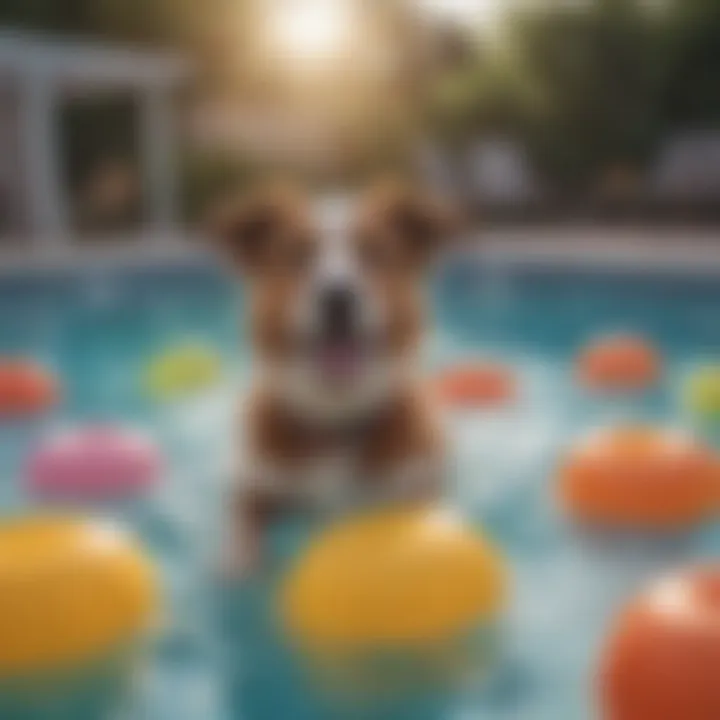 A joyful scene of dogs playing in a pool with floaties