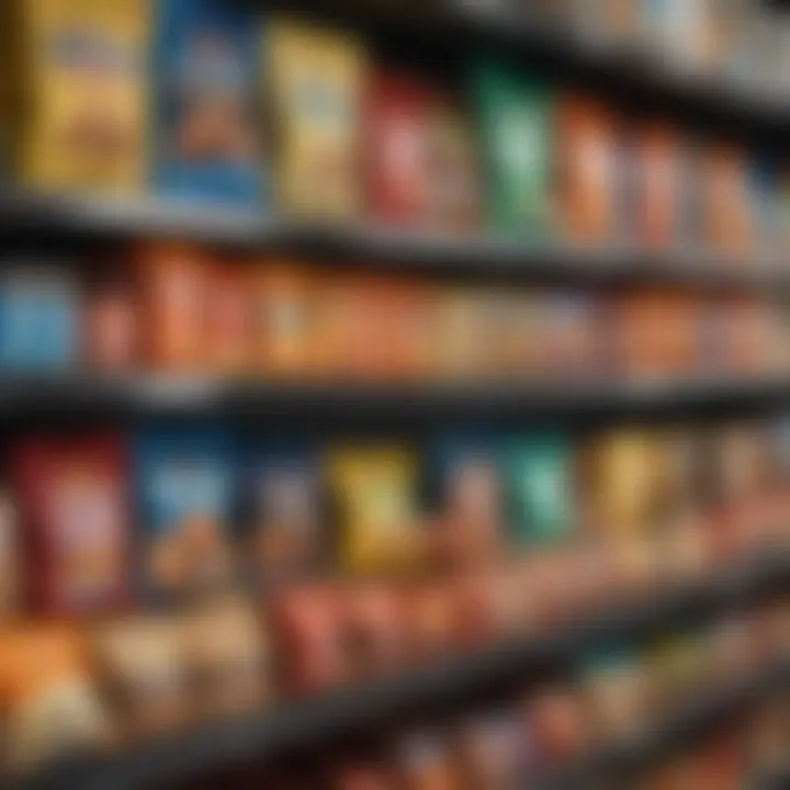 A variety of keto snacks arranged neatly on a grocery shelf.